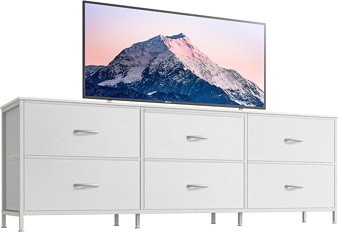 Huuger 63 Inch Long Dresser for Bedroom, Wide TV Stand for 55, 65, 70 Inch TV, 6 Drawer Dresser for Closet with Fabric Drawers, Storage Organizer for Bedroom, Entryway, PU Leather, White