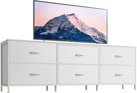 Huuger 63 Inch Long Dresser for Bedroom, Wide TV Stand for 55, 65, 70 Inch TV, 6 Drawer Dresser for Closet with Fabric Drawers, Storage Organizer for Bedroom, Entryway, PU Leather, White