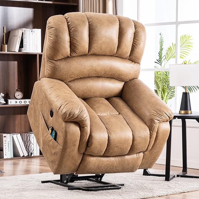 MEETWARM Large Power Lift Electric Recliner Chair, Overstuffed Wide Recliner with Massage and Heat for Elderly Big People, Heavy Duty Recliners with 2 Side Pockets, USB Ports, 2 Remote Controls(Sand)