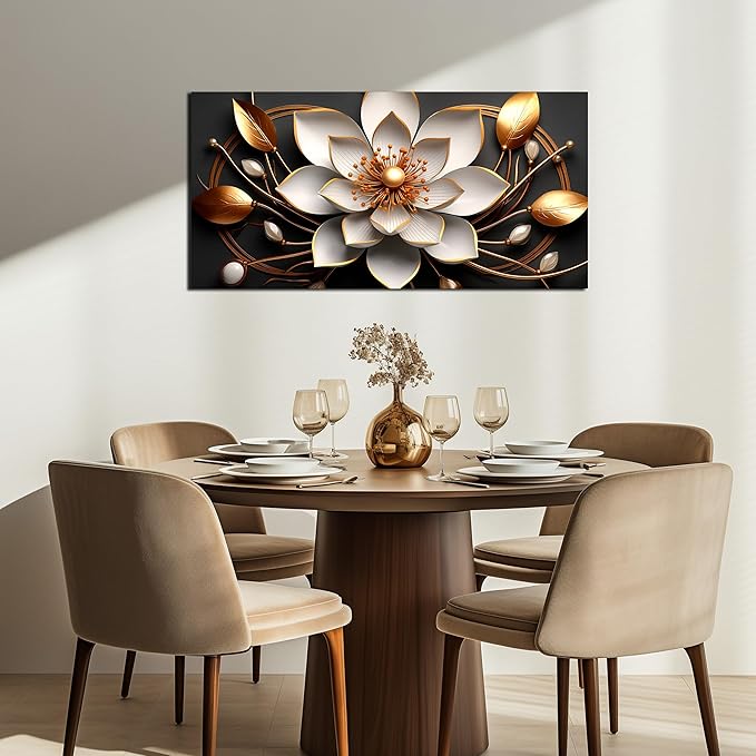Large Artwork Canvas Wall Art for Living Room Office Room Bedroom Decor Wall Painting White and Gold Flowers Picture Modern Decorative Painting with Frame Ready to Hang Canvas Decor Size 20x40