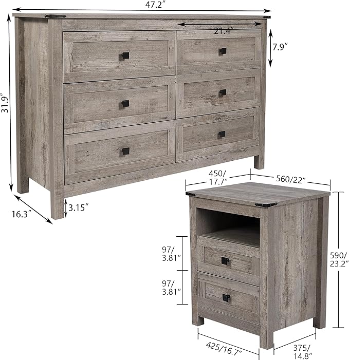 Farmhouse 6 Drawers Dresser with 2pcs Nightstands, Wood Double Dresser Chest of Drawers Wide Storage Organizer Cabinet for Bedroom, Living Room, Rustic Grey