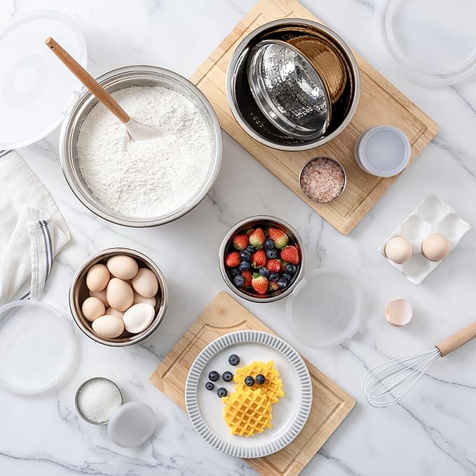 COOK WITH COLOR 18 Piece Mixing Bowls Set with Airtight Lids, Stainless Steel Bowl Organizers, Food Storage Containers, Meal Prep, Nesting Salad Bowls For Cooking, Baking, Kitchen, Copper - Hammered