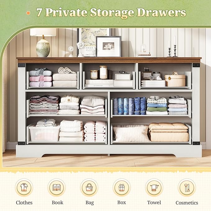 Hasuit White Dresser for Bedroom, Wooden 55.1" Long Dressers Chest of Drawer, Farmhouse 7 Drawer Dresser with Thick Styling, Large Capacity Storage Cabinet Organizer, Wide Dressers for Bedroom Hallway