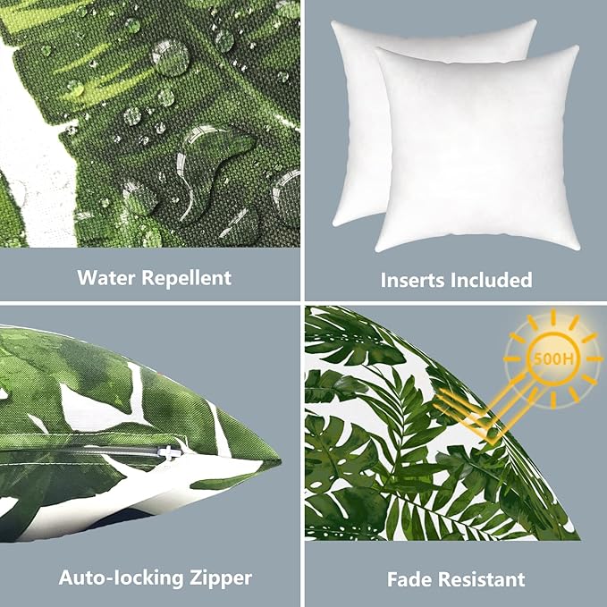 LVTXIII Outdoor Throw Pillows, Decorative Throw Pillows with Inserts, 16"x16" Square Pillows for Bed, Couch, Sofa and Patio Furniture, Set of 2, Palm Green