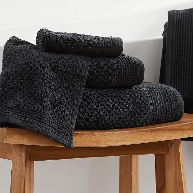 Belle Collection 6 Piece Waffle Textured 100% Cotton Towel Set | Super Soft Quick Dry Bath & Hand Towels | Decorative Washcloths for Bathroom (Black)