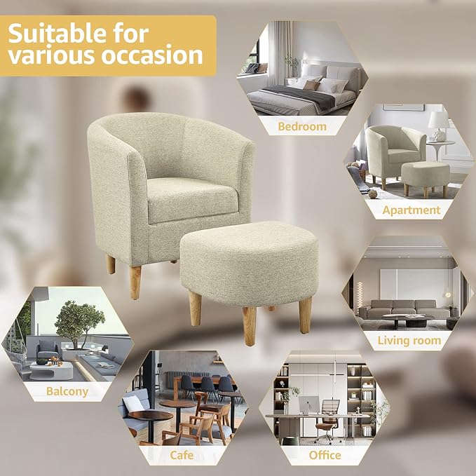 DAZONE Accent Chair Set of 2 Mid Century Modern Chair with Ottoman Comfy Armchair Footrest Set Comfortable Living Room Chairs Upholstered Barrel Club Tub Sofa Chair for Bedroom Reading Room Beige