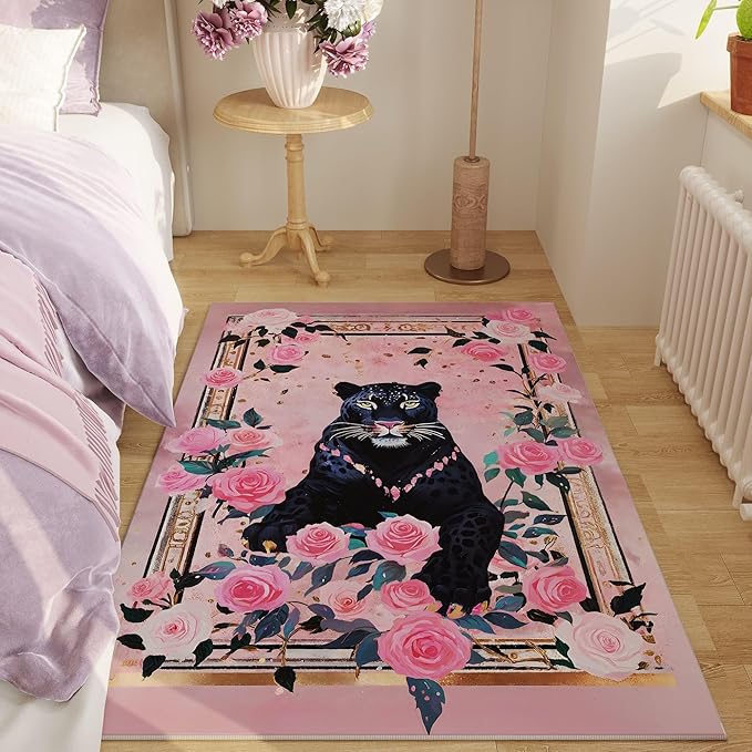 Area Rug 4x6 Rug Washable Retro Lavish Leopard Rugs Non Slip Low Pile Floral Animal Small Carpet for Bedroom, Bedside, Kids Room, Office, Dining Room (Black Pink)