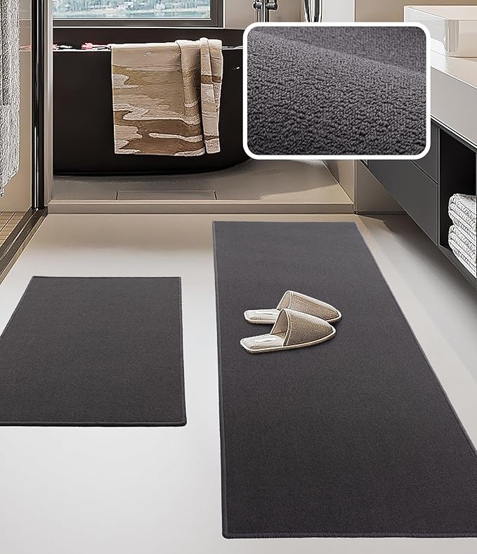 YIHOUSE Bathroom Rug Sets 2 Piece, Ultra Thin Bath Mat Fit Under Door, Quick Dry Absorbent Bath Mat for Bathroom Non Slip Machine Washable Floor Mat (Dark Grey, 2 Piece)