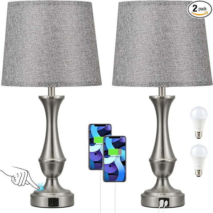 Upgraded Touch Lamps for Night Stands Set of 2 - Bedside Lamps with USB C+A, 3 Way Dimmable for Bedroom Living Room End Tables Office (Grey&Nickel)