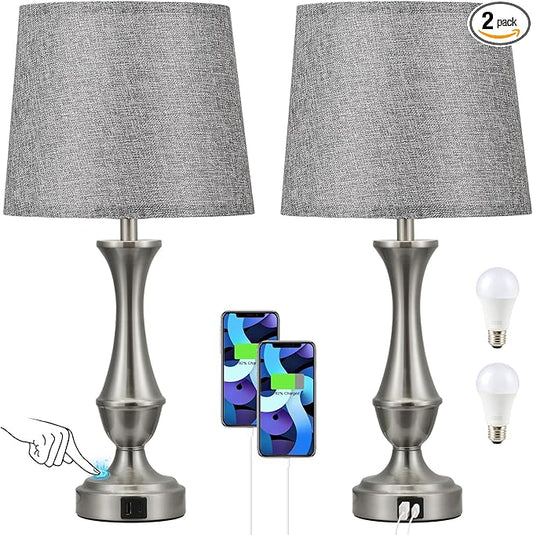 Upgraded Touch Lamps for Night Stands Set of 2 - Bedside Lamps with USB C+A, 3 Way Dimmable for Bedroom Living Room End Tables Office (Grey&Nickel)