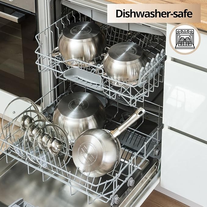 Daniks Classic Frying Pan Included, 11-Piece Stainless Steel Induction Cookware Set, Dishwasher Safe Pots and Saucepan, Glass Lids, Measuring Scale, For Soup, Pasta, Stew, Silver