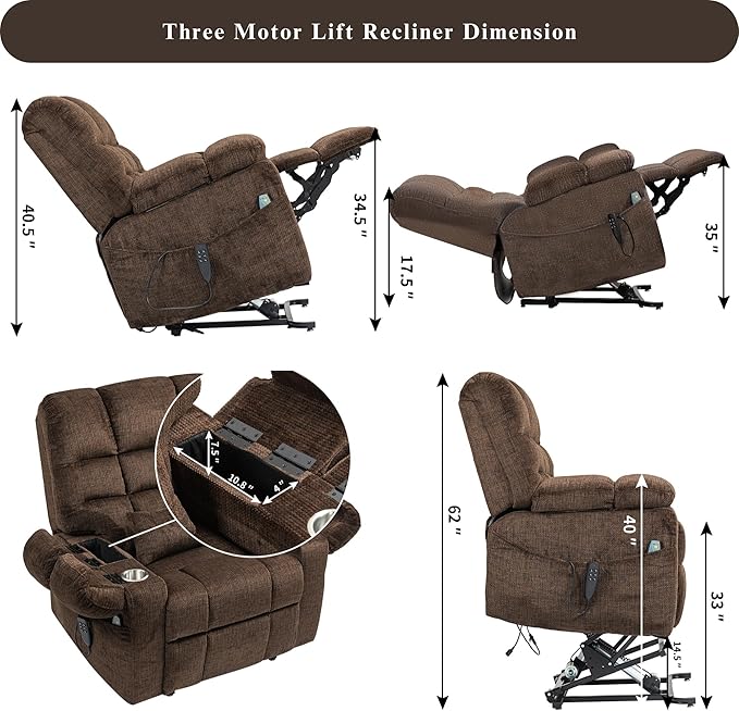 3-Motor Lift Chair with Adjustable Seat Height Zero Gravity Lay Flat Recliner with Heat Massage - Flip Arm Storage Cup Holders - Power Lift Recliner for Elderly – Big Tall 400 lbs (Dark Brown)