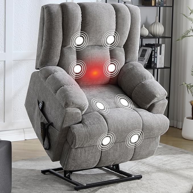 Dual Motor Power Lift Recliner Chair with Massage and Heat for Elderly People, Infinite Position, Light Grey Recliner Chair, Chenille Fabric Lift Chair