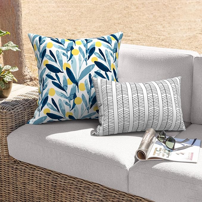 Outdoor Throw Pillows with Inners, All Weather Patio Pillows Set of 2, Square Pillows Decorative for Home Garden Furniture, 20x20 Inch, Leaves Multi