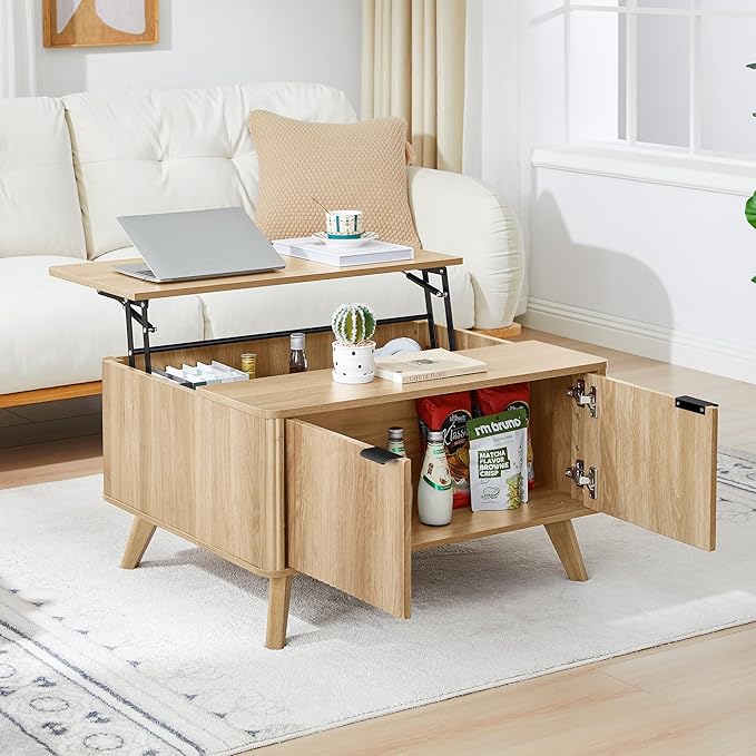 Fluted Lift Top Coffee Table with Large Hidden Compartment, 31.5” Wooden Center Table with Storage, Mid Century Modern Lift Tabletop Coffee Tables for Living Room Home Office, Natural