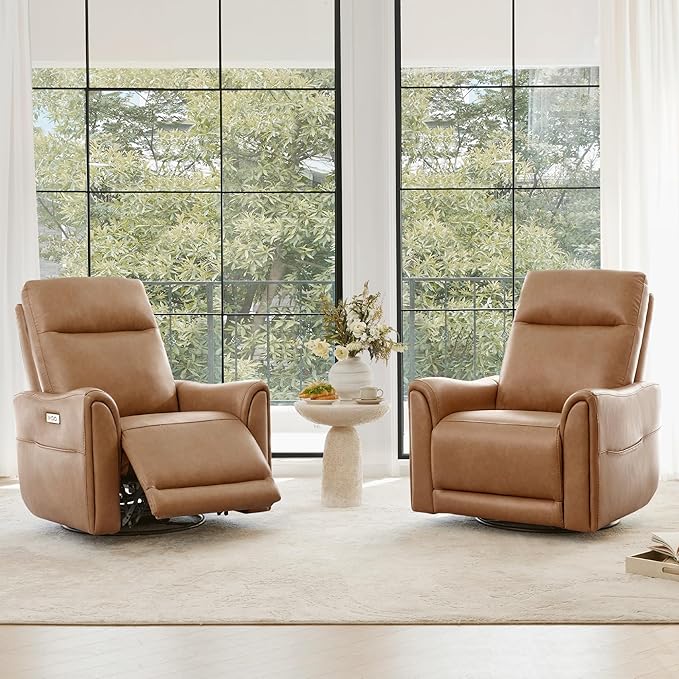 Watson & Whitely Power Recliner Chairs for Adults, Swivel Rocker Recliner Chair with Charging Ports for Living Room, Faux Leather RC011 (Camel)