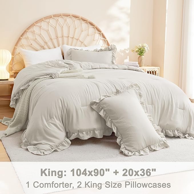 Litanika Linen Grey King Size Comforter Set, 3 Pieces Ruffle Farmhouse Aesthetic Bedding Comforter Set, All Season Soft Lightweight Fluffy Microfiber Bed Set(104x90In Comforter, 2 Pillowcases)
