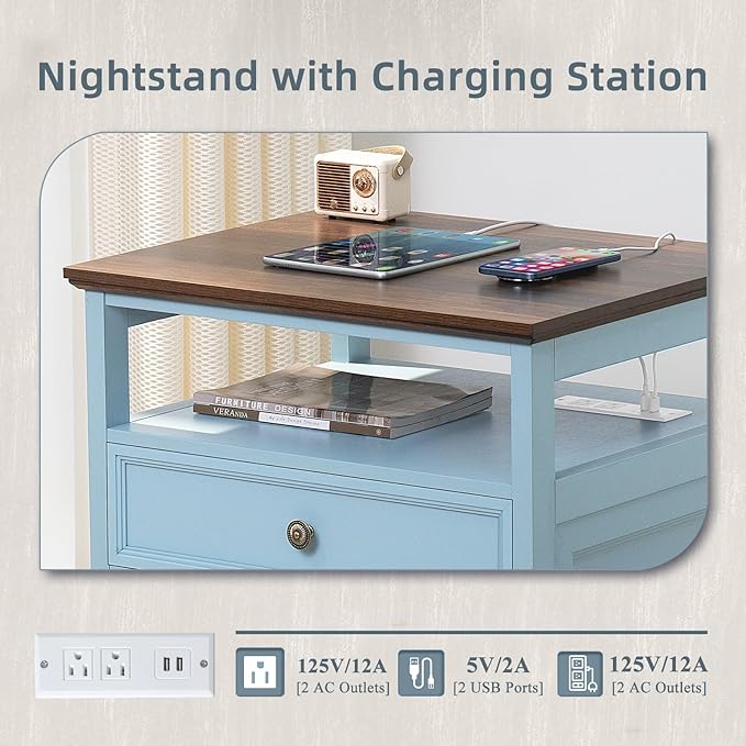 Farmhouse Nightstand Set of 2 with Charging Station, 24" Wide End Table with 2 Drawers, Dresser Cabinet for Bedroom,Bed Side Table Chest of Drawers,Light Blue Night Stand for Living Room