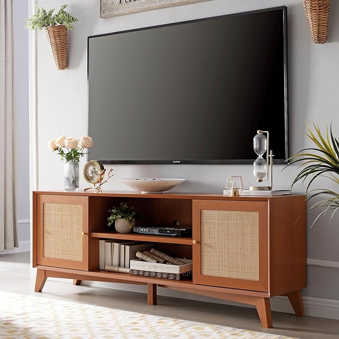 T4TREAM Rattan TV Stand for 75 Inch TV - Mid Century Modern Entertainment Center for Living Room, Large Boho Media TV Console with Storage Shelves, Cherry