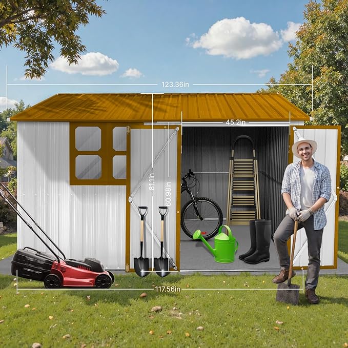 10 x 8 FT Outdoor Storage Shed with Floor, Metal Garden Tool Shed with Vents,Windows,Slooping Roof and Lockable Doors, All-Weather Bike Shed Easy to Assemble for Backyard, Patio, Lawn,White+Yellow