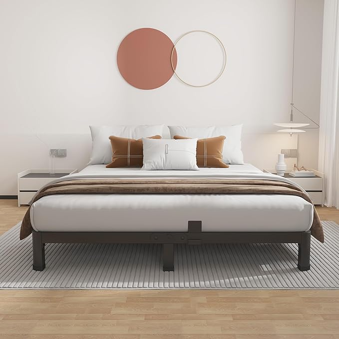 ROIL 4 inch King Size Bed Frame Metal Platform No Box Spring Needed with Round Corner Legs Mattress Stoppers Retainers 3500LBS Heavy Duty Steel Slats Noise-Free