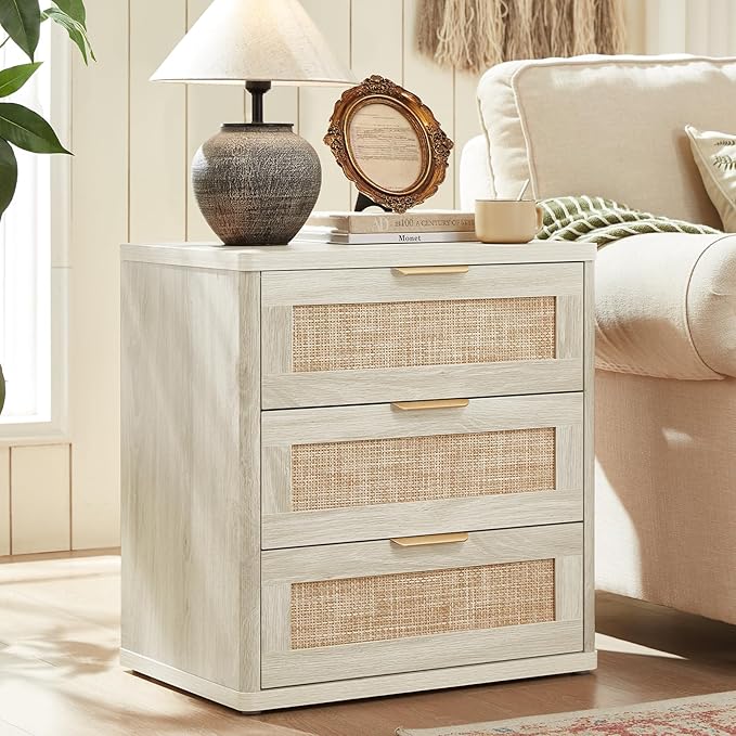 LEYAOYAO Rattan Night Stand Set 2 with Drawers, 23" Large Boho Nightstand, 3 Drawer Grey White Bedside Table Storage Cabinet, Bed Side End Tables Chest of Drawers, Living Room, Hallway, Closet