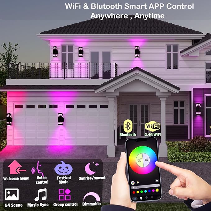 Smart Outdoor Sconce Lights 2 Pack, Up Down Wall Porch Lights RGB Color Changing WiFi APP Control, Dimmable LED Exterior Wall Lighting Fixtures Work with Alexa,No Hub Required,ETL Listed