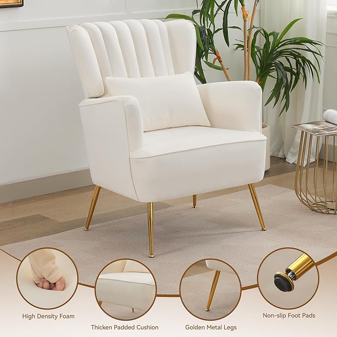 Fabric Accent Living Room Arm Chair with Pillow & Golden Legs, 8.5" Thick Cushion, Mid Century Modern Wingback Chairs Upholstered Comfy Sofa Armchair for Reading Room/Bedroom, White