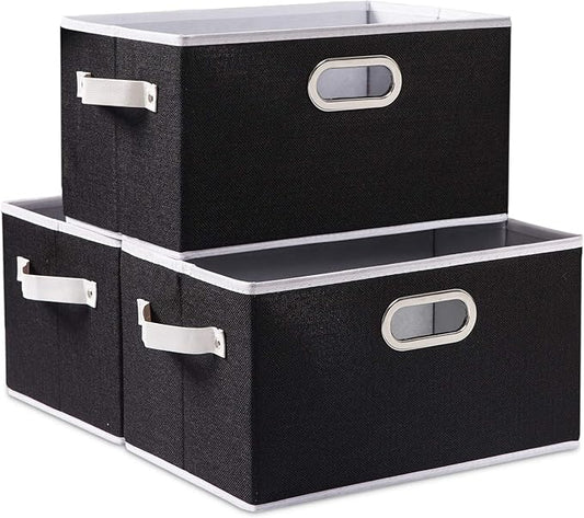 PRANDOM Large Collapsible Storage Bins for Closet [3-Pack] Decorative Fabric Storage Baskets Cubes with Leather/Metal Handles for Shelves Bedroom Living Room Black (14.9x9.8x8.3 Inch)
