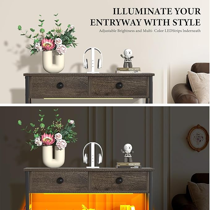 32" Entryway Table with Outlets: Console Table with Storage Shelves, USB Ports, LED Light Strip, and 2 Wood Drawers for Sofa, Living Room, Hallway, Foyer, Couch, and TV Stand