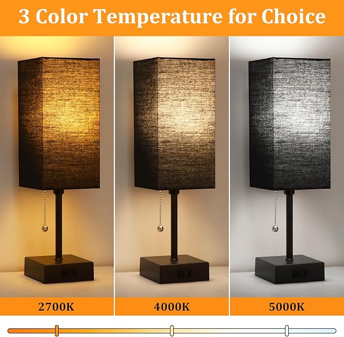Table Lamp for Bedroom set of 2,3-Color Bedside Lamps with Pull Chain Table Lamps for Nightstand with AC Outlets, Night Light Lamps with 2 Bulbs Lamps for Living Room Kids Office Decor（Black）