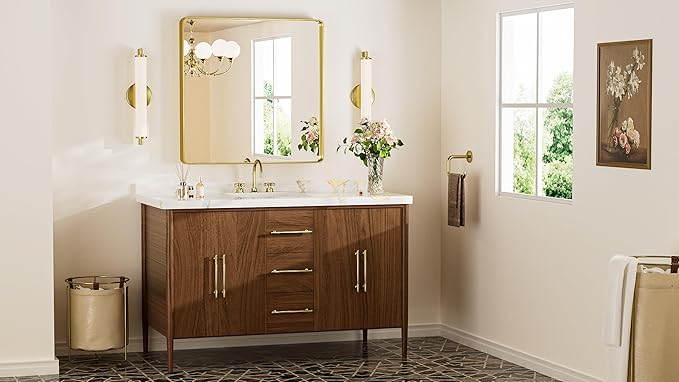 Keonjinn Gold Bathroom Mirror for Over Sink, 30" x 30" Brushed Brass Mirror, Large Rounded Rectangle Gold Vanity Mirror with Metal Frame, HD Tempered Glass Square Wall Mirror(Horizontal/Vertical)