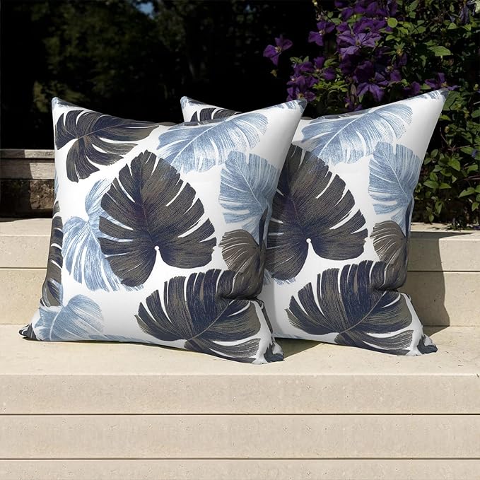 Pack of 2 Patio Throw Pillow Covers ONLY, Water Repellent Cushion Cases 20x20 Inch, Square Pillowcases for Outdoor Couch Decoration, Monstera Blue