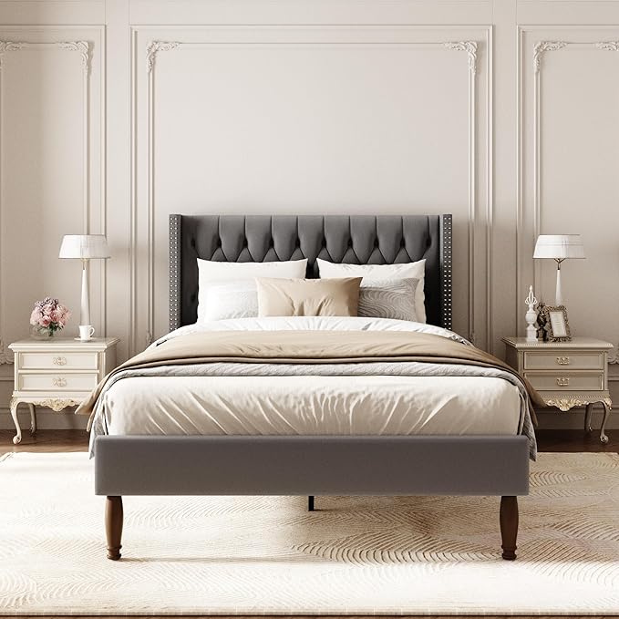 Full Size Velvet Upholstered Bed Frame, 49.2" Tall Wingback Headboard, Deep Button Tufted, No Box Spring Needed, Solid Wood Legs, Grey