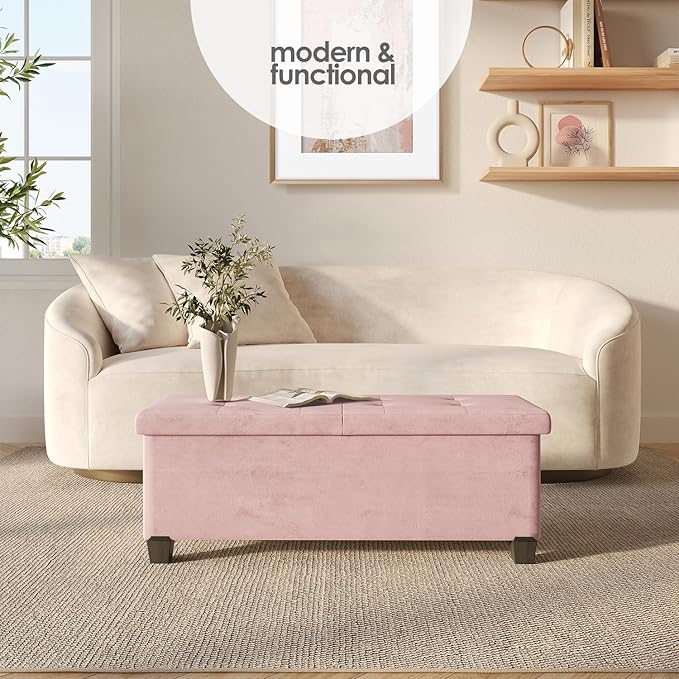 STORAGEBUD Storage Ottoman Bench with Bins, 43-in Storage Bench for Bedroom End of Bed, Folding Foot Rest Ottoman for Living Room Max 660lbs, Velvet Ottomans, Pink