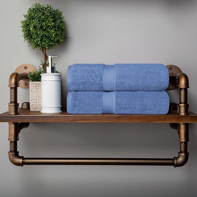 Superior Egyptian Cotton Pile Bath Towel Set of 2, Ultra Soft Luxury Towels, Thick Plush Essentials, Absorbent Heavyweight, Guest Bath, Hotel, Spa, Home Bathroom, Shower Basics, Denim Blue