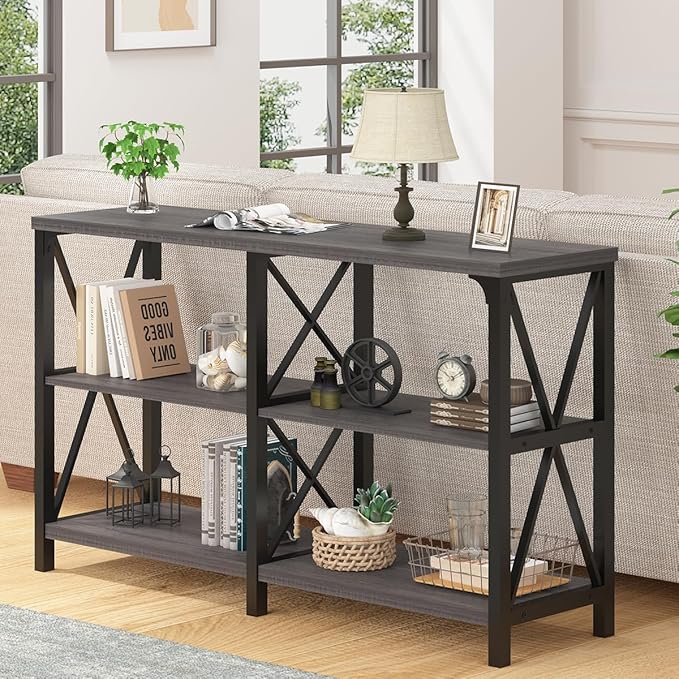 IBF Long Console Table, Industrial Entryway Table with Storage Shelves, Modern Metal Wood Sofa Table Behind Couch, Farmhouse 3 Tier Foyer Hallway Table for Entry Living Room, Dark Gray Oak, 63 in