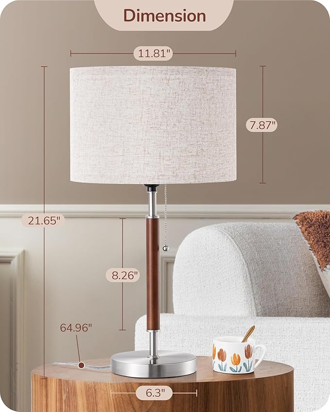 EDISHINE Mid Century Table Lamp Set of 2, Pull Chain Switch Bedside Lamp, Linen Shade, Solid Wood Pole & Brushed Nickel Metal Base, Modern Nightstand Lamp for Bedroom, Living Room, Office, E26 Base