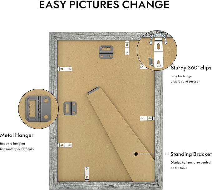 8x12 Picture Frame with Glass, Display Pictures 6x9 with Mat or 8 x 12 without Mat - Wall and Tabletop, 8 by 12 Photo Wooden Frames (Grey, 1 Pack)