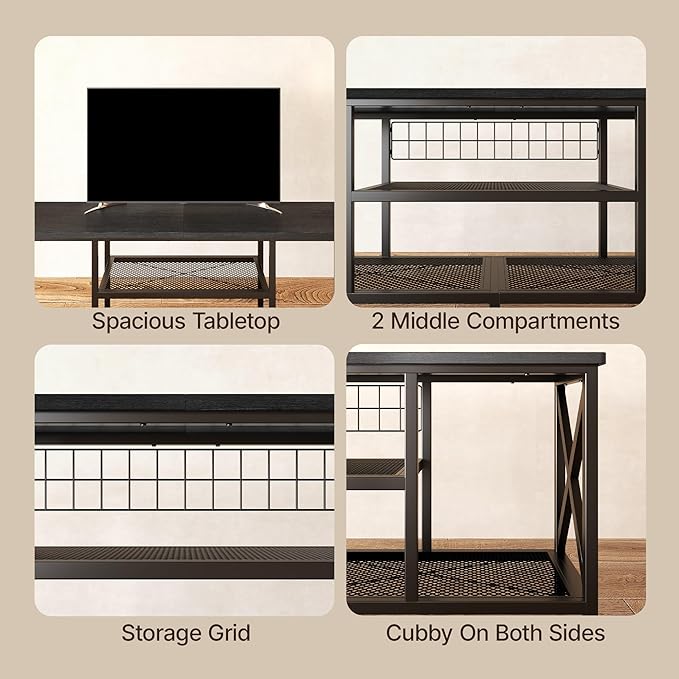 Gizoon TV Stand for 65 Inches TV, 59.8'' Entertainment Center with Metal Frame, TV Media Console Table with Open Storage Shelves, for Living Room, Bedroom, Black