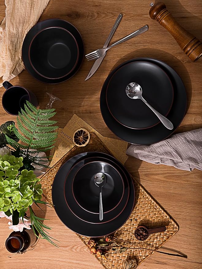 Famiware Venus Plates and Bowls Sets, 12 Pieces Stoneware Dinnerware Sets, Dishes Set for 4, Microwave and Dishwasher Safe, Matte Black