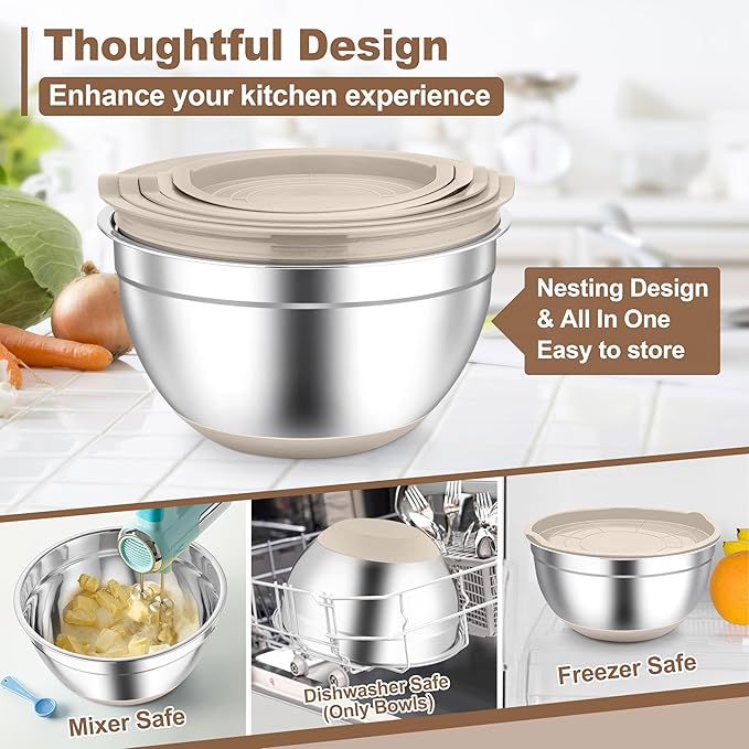 TeamFar Khaki Mixing Bowls, 6-Piece Stainless Steel Nesting Salad Bowls with Lid Set for Prepping Baking, Non-Toxic & Stackable, Air-Tight Lid & Non Slip Bottom, 4.6/2.6/2/1.5/1 / 0.7 QT