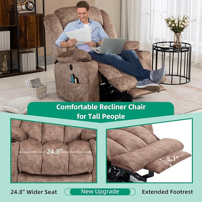 VIVIJASON Tall Man Large Power Lift Recliner Chair with Massage and Heat for Elderly, Overstuffed Wide Electric Lift Recliner w/Extended Footrest, 2 Cup Holder, Side Pockets & USB Ports, Fabric Brown