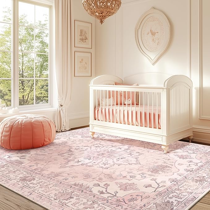 Area Rugs 5'x7' Washable Non-Slip, Floral Vintage Distress Print Pattern Medallion Carpet for Living Room Bedroom Dining Room, Pink Greypink Cute