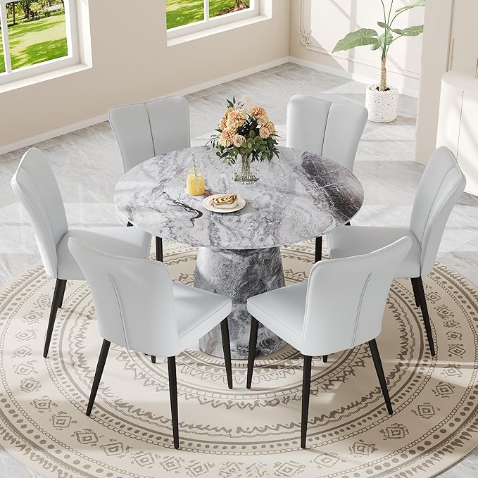 Round Dining Table Set for 6, 45IN Kitchen Table Set with Faux Marble Table Top and PU Upholstered Chairs, Modern Dinner Table with Chairs Set for Dinning Room, Living Room