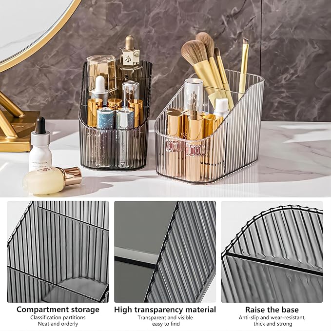 DASITON Large Capacity Makeup Brush Holder,3 Slot Makeup Brush Cup,Vintage striped Make Up Brush Holder,for Vanity Decor,Bathroom Countertops,Desk Storage Container,Cosmetic Display cases(Black-S)
