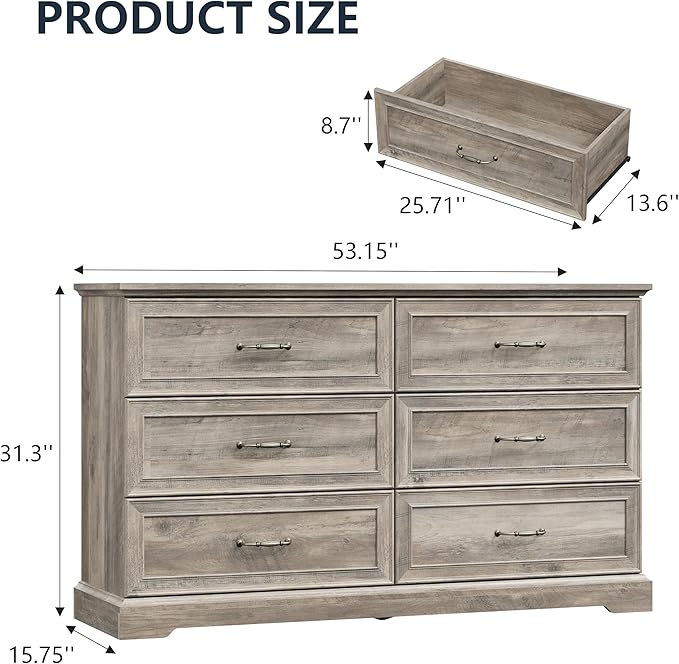 Dresser for Bedroom with 6 Drawer, Farmhouse Dresser for Closet, 53'' Wide Rustic Wooden Chest of Drawers with Natural Wood Texture, Vintage Storage Organizer for Living Room, Hallway, Grey