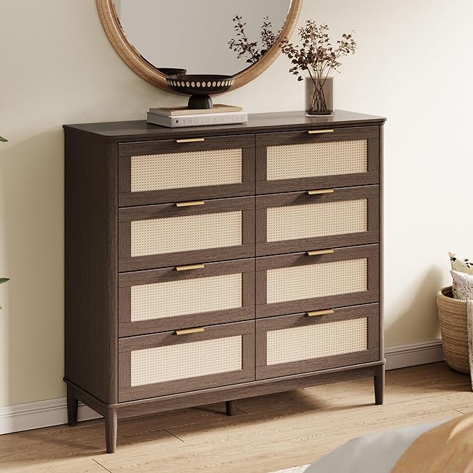 LINSY HOME Rattan Dresser for Bedroom with 8 Drawers, 54" Wide Chest of Drawers, Mid Century Modern Dresser TV Stand with Metal Handle, Wood Closet Storage Cabinet for Living Room, Hallway, Walnut