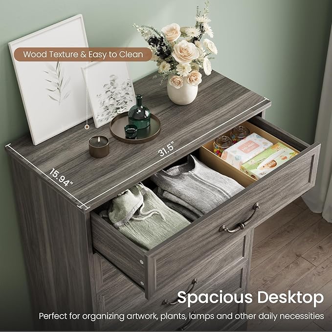 DICTAC Farmhouse 6 Drawers Dresser for Bedroom, 48.2" Tall Dressers Chest of Drawer, Large Storage Closet Organizer with Natural Texture and Vintage Metal Handle, Wooden Vertical Dresser for Hallway