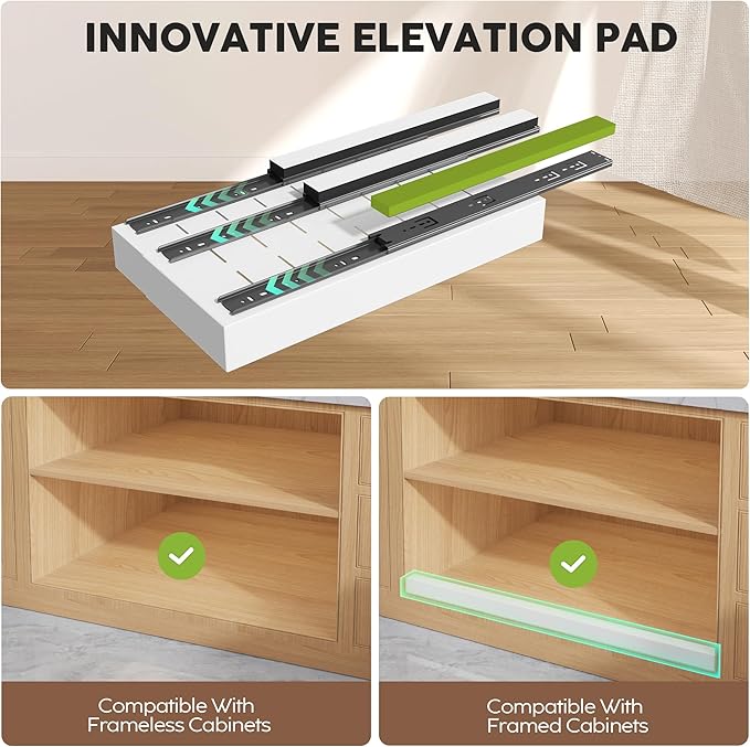 2 Pack Pull Out Cabinet Organizers 21" Deep With Raising Pad for Framed Cabinets, Expandable Width (9"-14") Slide Out Drawers Upgrade 3 Slide Rails, Roll Out Shelves Adhesive, White